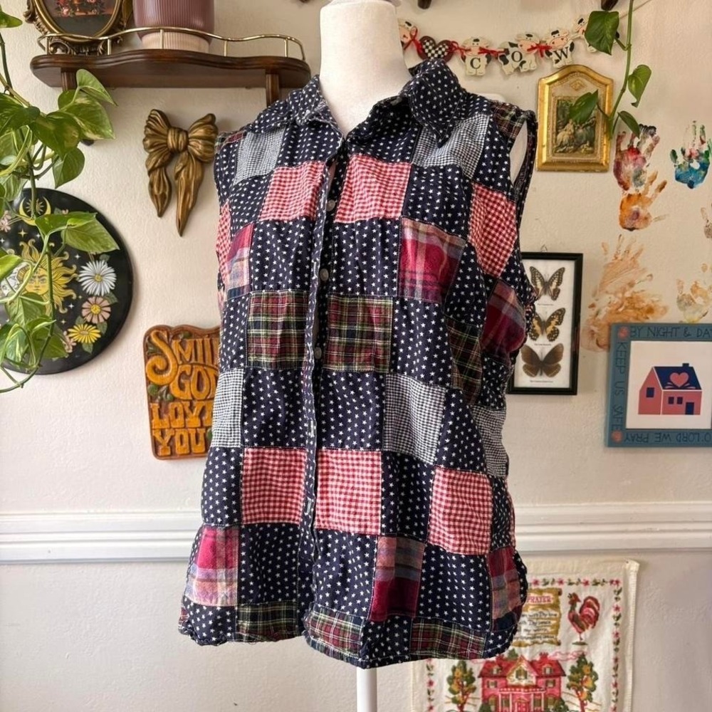 Vtg 90s Carolina Blues Sz‎ 18 Plaid Stars Patriotic Patchwork Button Up Tank Top